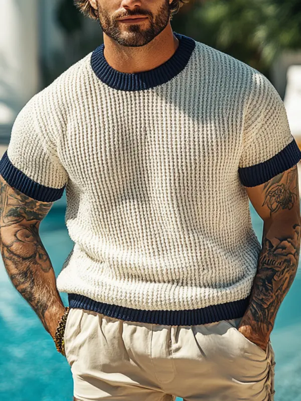 Men's Holiday Crochet Knitted Crew Neck Beige And Navy Short Sleeve Sweater T-Shirt - Menbarn.com 