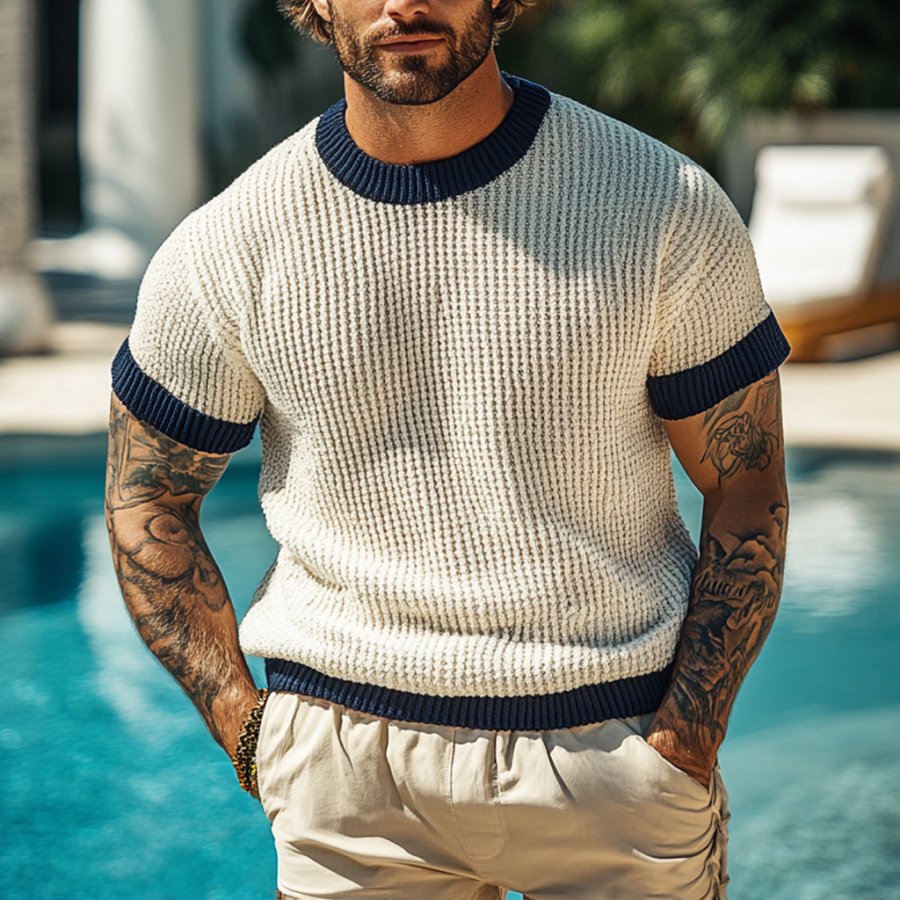 

Men's Holiday Crochet Knitted Crew Neck Beige And Navy Short Sleeve Sweater T-Shirt