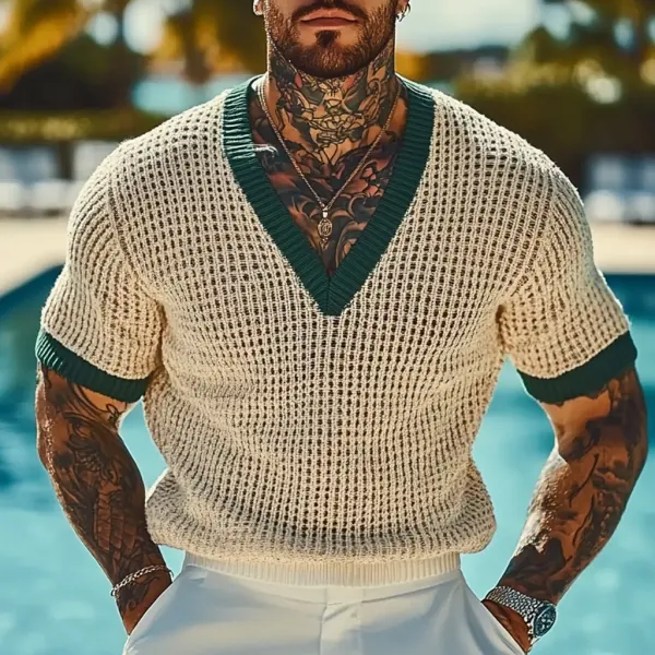 Men's Holiday Crochet Knitted V-neck Short Sleeve Sweater T-Shirt - Freemacho.com 