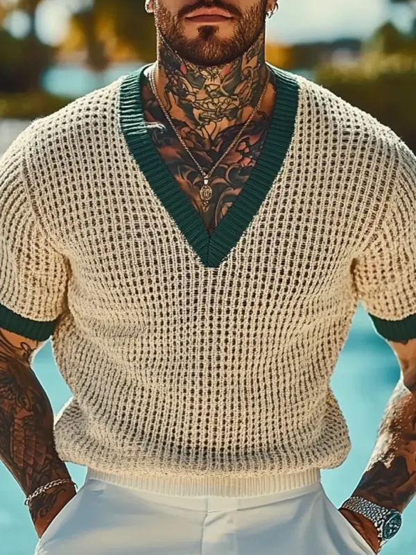 Men's Holiday Crochet Knitted V-neck Short Sleeve Sweater T-Shirt - Menbarn.com 