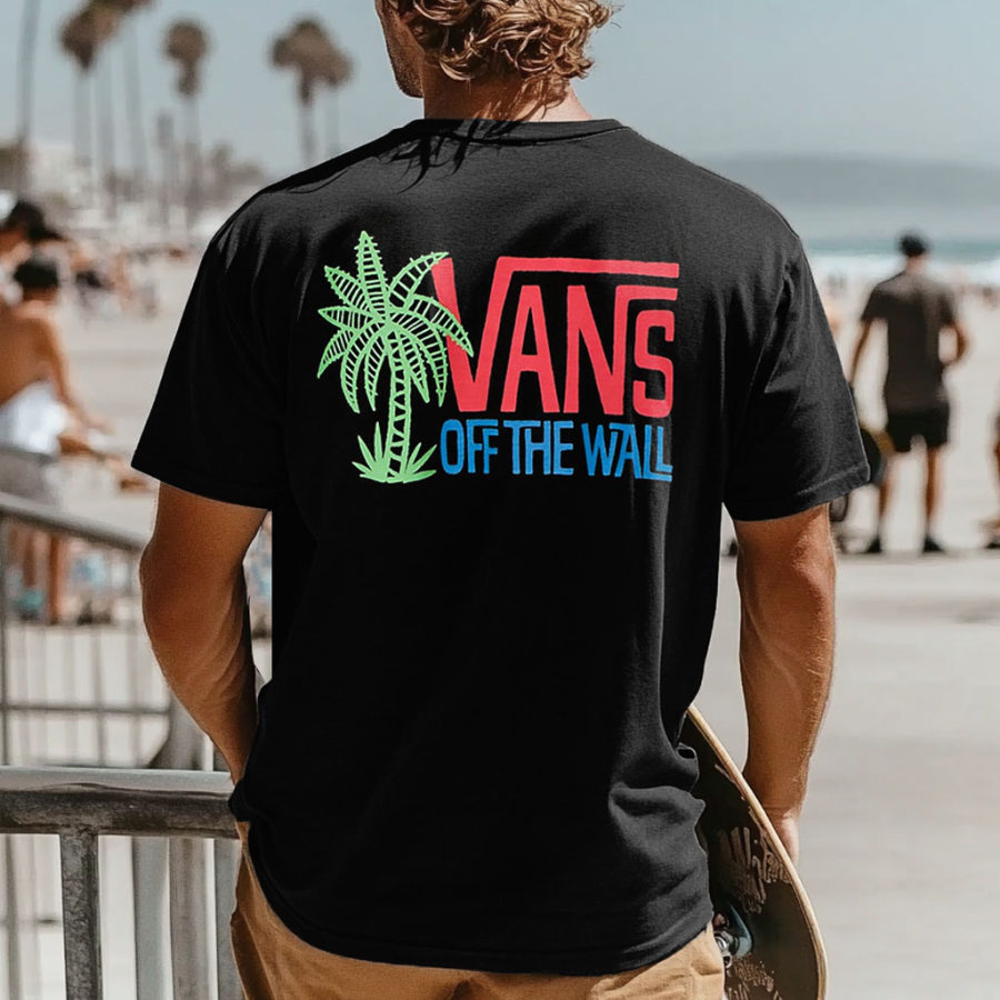 

Men's Vintage Palm Tree Skateboard Surf Print Crew Neck Short Sleeve Black T-Shirt