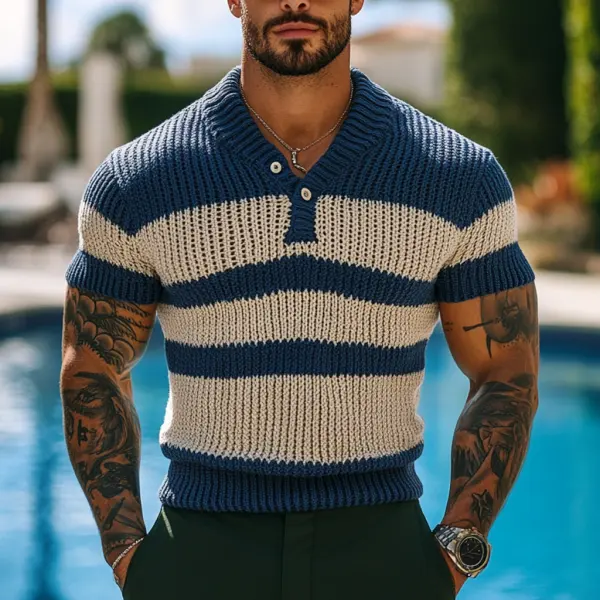 Men's Holiday Crochet Knitted Striped Henley Short Sleeve Sweater T-Shirt - Menilyshop.com 