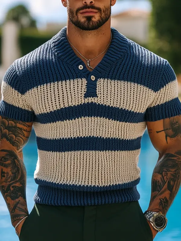Men's Holiday Crochet Knitted Striped Henley Short Sleeve Sweater T-Shirt - Menbarn.com 