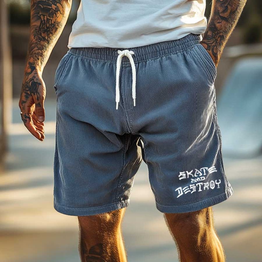 

Men's Vintage Corduroy Skate And Destroy Skateboard Printed Elastic Drawstring Shorts