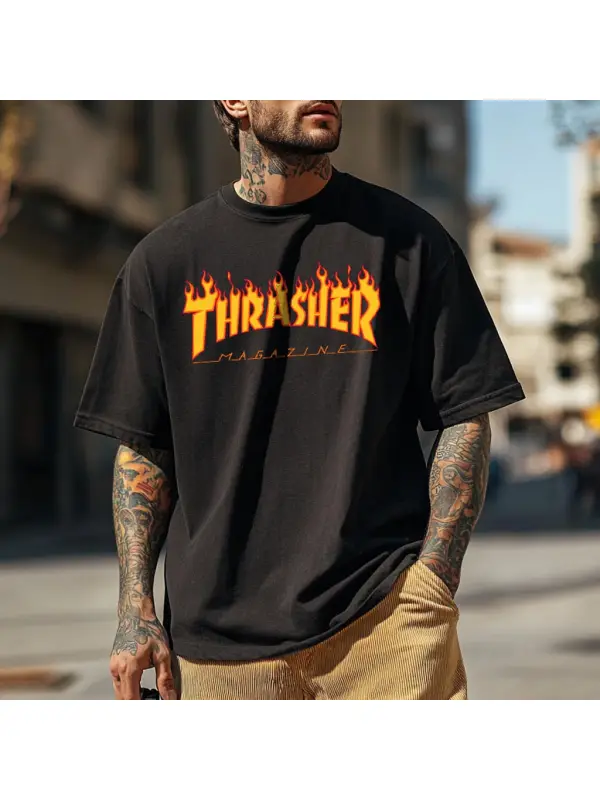 Men's Vintage Flame Skateboard Magazine Print Streetwear Crew Neck Short Sleeve T-Shirt - Aptkoi.com 