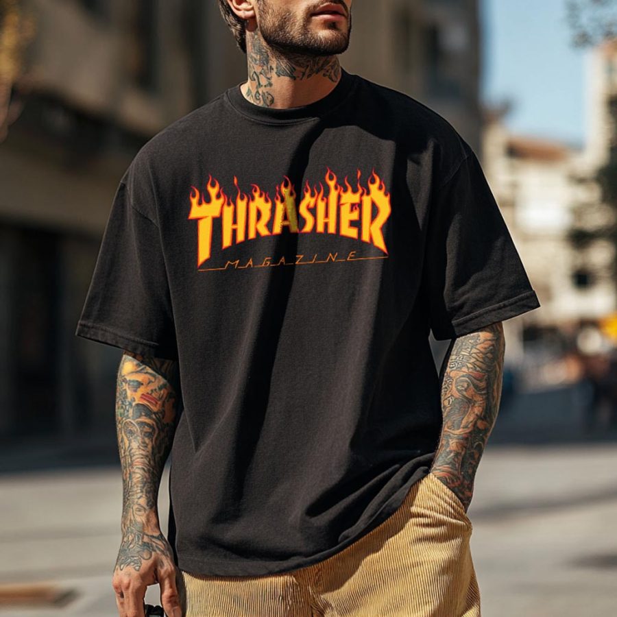 

Men's Vintage Flame Skateboard Magazine Print Streetwear Crew Neck Short Sleeve T-Shirt