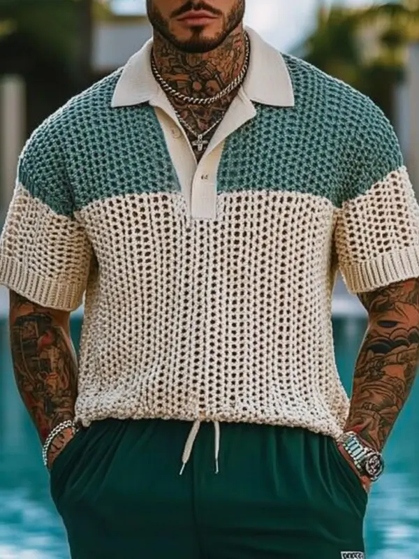 Men's Holiday Crochet Knitted Contrast Polo Short Sleeve Sweater T-Shirt - Menbarn.com 