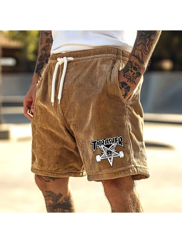Men's Vintage Corduroy Skategoat Skateboard Print Elastic Drawstring Shorts - Localziv.com 