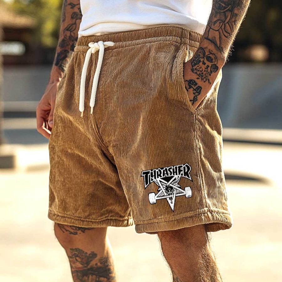 

Men's Vintage Corduroy Skategoat Skateboard Print Elastic Drawstring Shorts