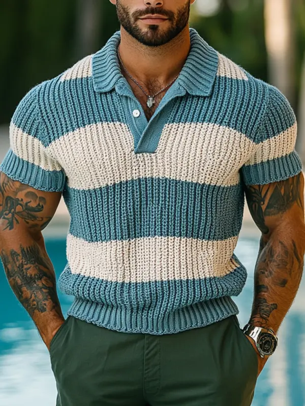 Men's Holiday Crochet Knitted Blue And White Striped Polo Short Sleeve Sweater T-Shirt - Menbarn.com 