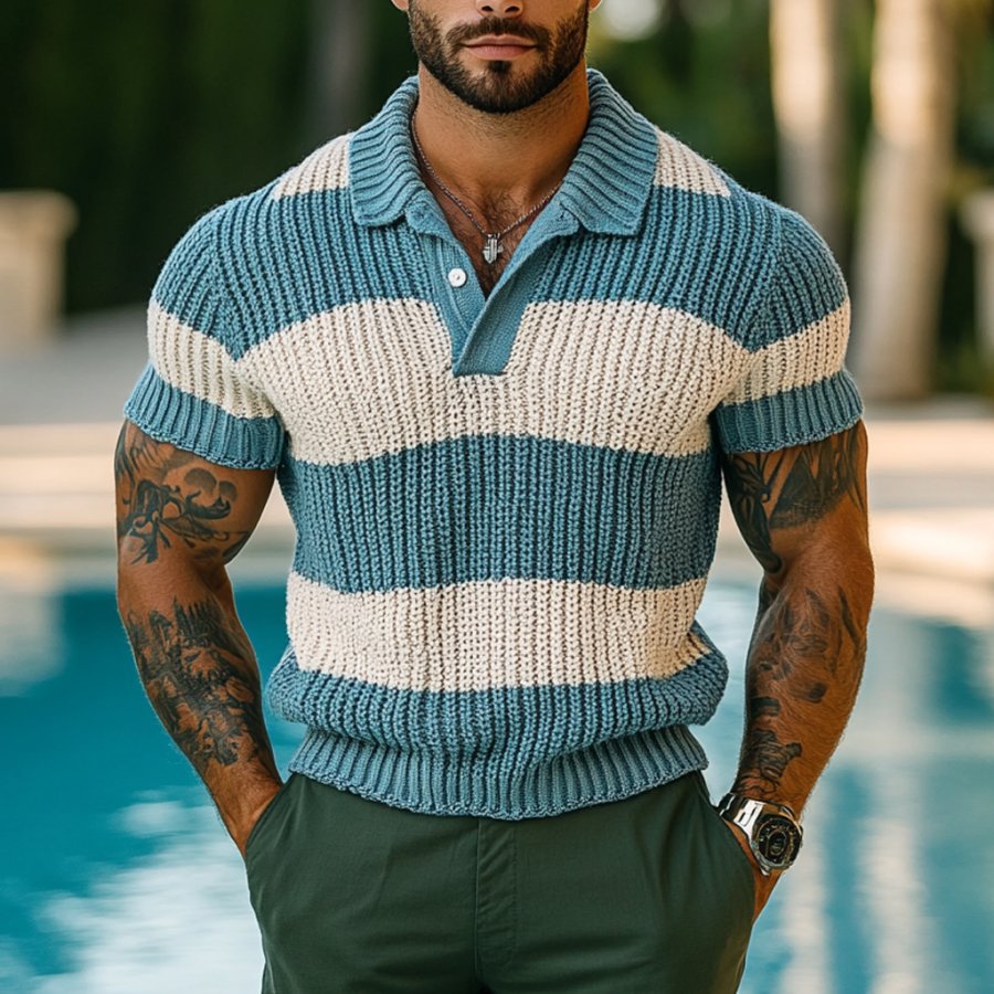 

Men's Holiday Crochet Knitted Blue And White Striped Polo Short Sleeve Sweater T-Shirt