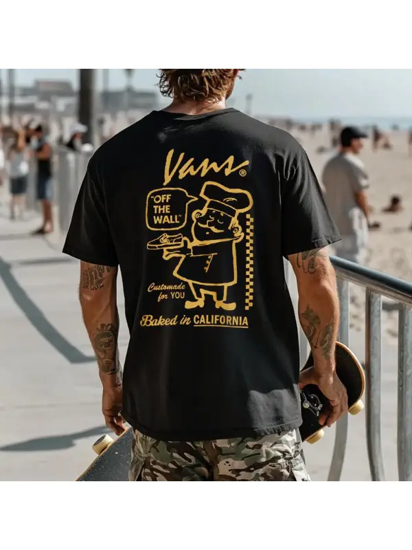 Men's Vintage Baked In California Skateboard Surf Graphic Print Crew Neck Short Sleeve T-Shirt - Aptkoi.com 