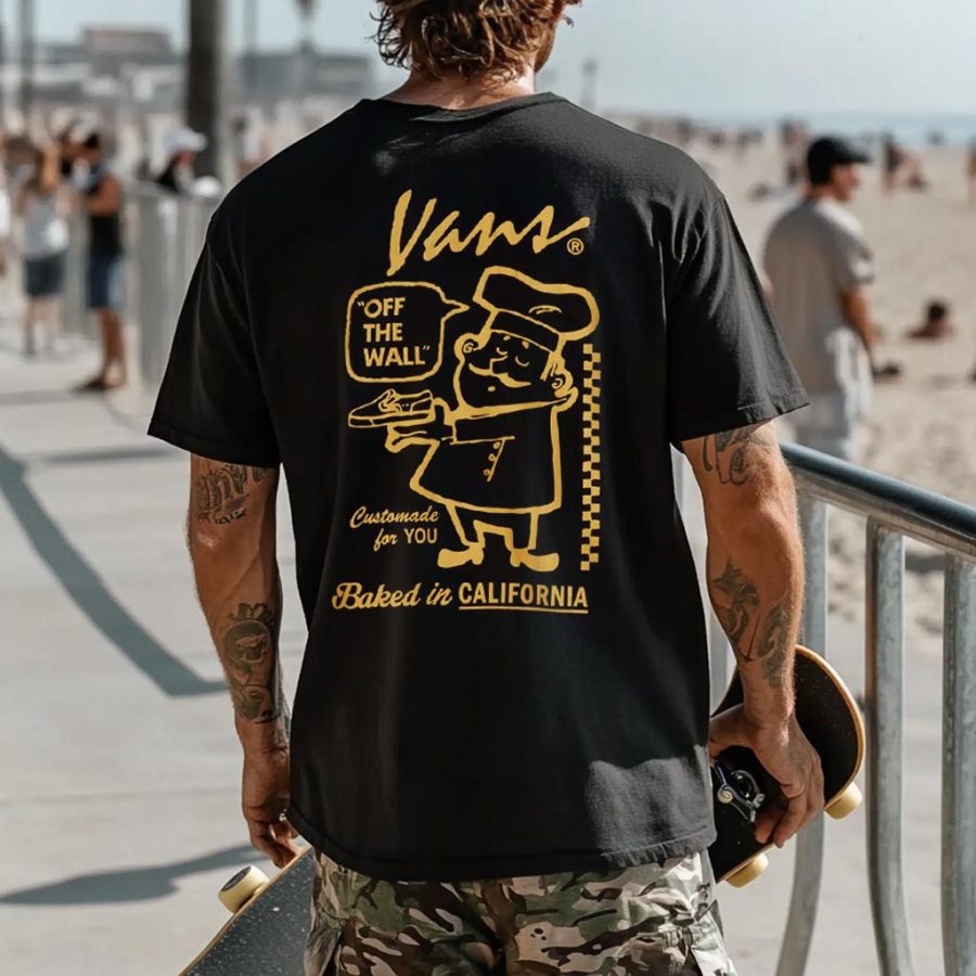 

Men's Vintage Baked In California Skateboard Surf Graphic Print Crew Neck Short Sleeve T-Shirt