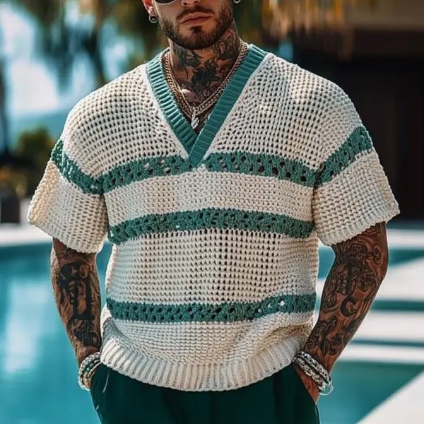 Men's Holiday Crochet Knitted Contrast V-neck Short Sleeve Sweater T-Shirt - Menilyshop.com 
