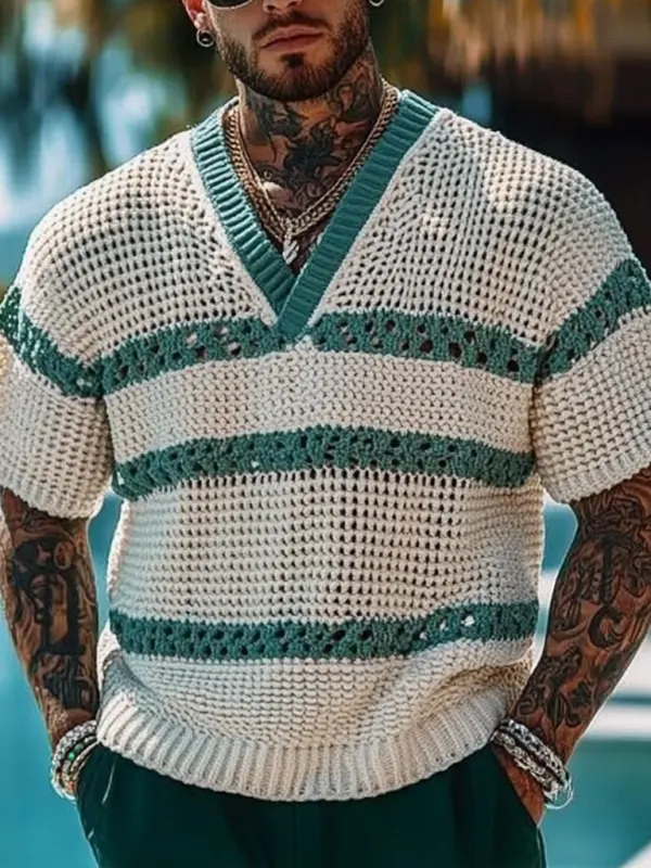 Men's Holiday Crochet Knitted Contrast V-neck Short Sleeve Sweater T-Shirt - Menbarn.com 