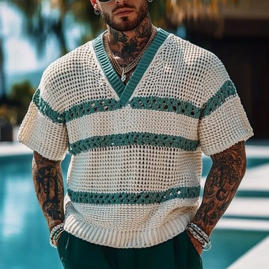 

Men's Holiday Crochet Knitted Contrast V-neck Short Sleeve Sweater T-Shirt