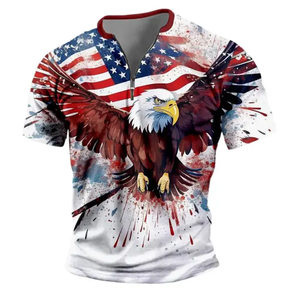 Men's Vintage American Flag Eagle Independence Day Zipper Henley Collar Short Sleeve T-Shirt - Menzfolk.com 