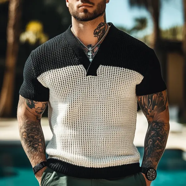 Men's Holiday Crochet Knitted Contrast Color V-Neck Short Sleeve Sweater T-Shirt - Menilyshop.com 