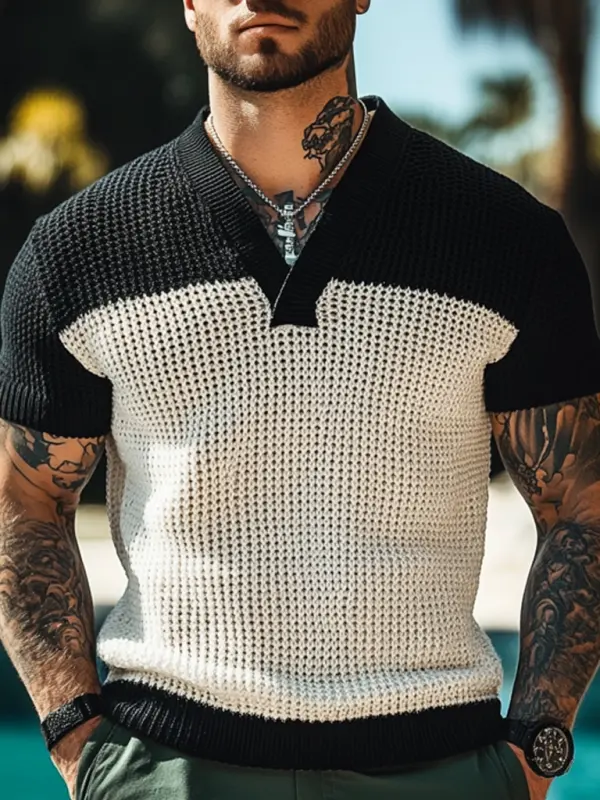 Men's Holiday Crochet Knitted Contrast Color V-Neck Short Sleeve Sweater T-Shirt - Menbarn.com 