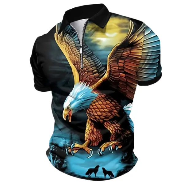 Men's T-Shirt Zipper Polo Eagle Print Outdoor Summer Daily Short Sleeve Tops - Rabclub.com 