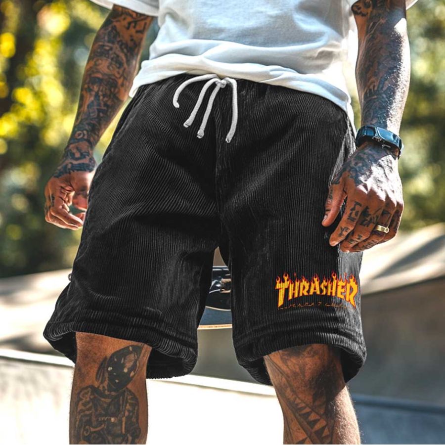 

Men's Vintage Corduroy Skateboard Magazine Flame Print Elastic Drawstring Shorts