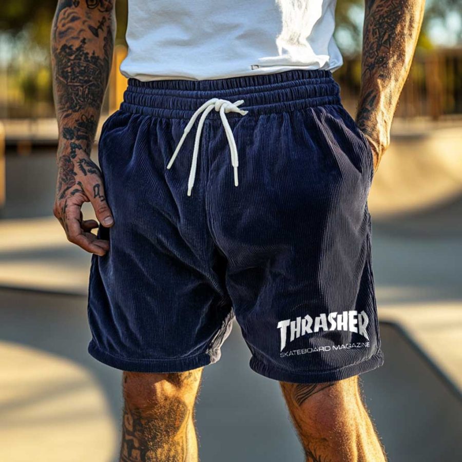 

Men's Vintage Corduroy Skateboard Magazine Print Elastic Drawstring Shorts