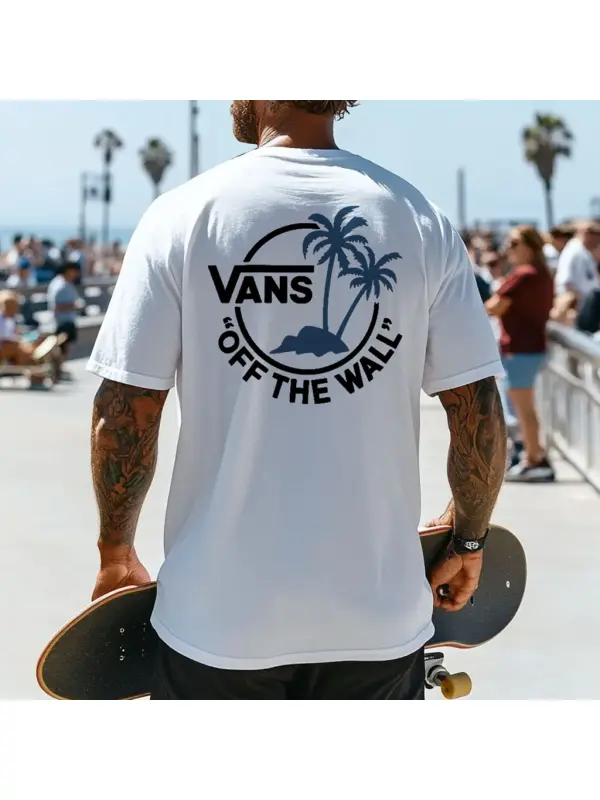 Men's Vintage Palm Tree Skateboard Surf Print Crew Neck Short Sleeve White T-Shirt - Aptkoi.com 