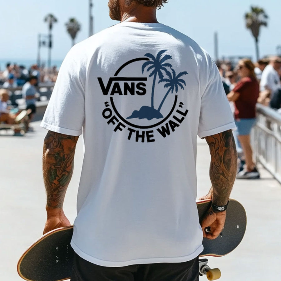 

Men's Vintage Palm Tree Skateboard Surf Print Crew Neck Short Sleeve White T-Shirt