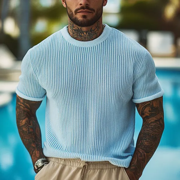 Men's Holiday Crochet Knitted Crew Neck Light Blue Short Sleeve Sweater T-Shirt - Menilyshop.com 