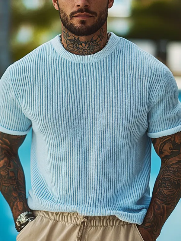 Men's Holiday Crochet Knitted Crew Neck Light Blue Short Sleeve Sweater T-Shirt - Menbarn.com 