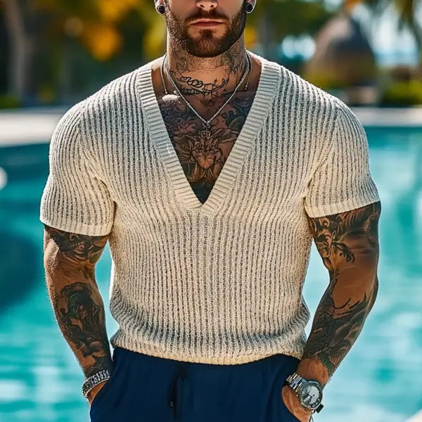 Men's Holiday Crochet Knitted V-Neck Short Sleeve Beige Sweater T-Shirt - Jumbochic.com 