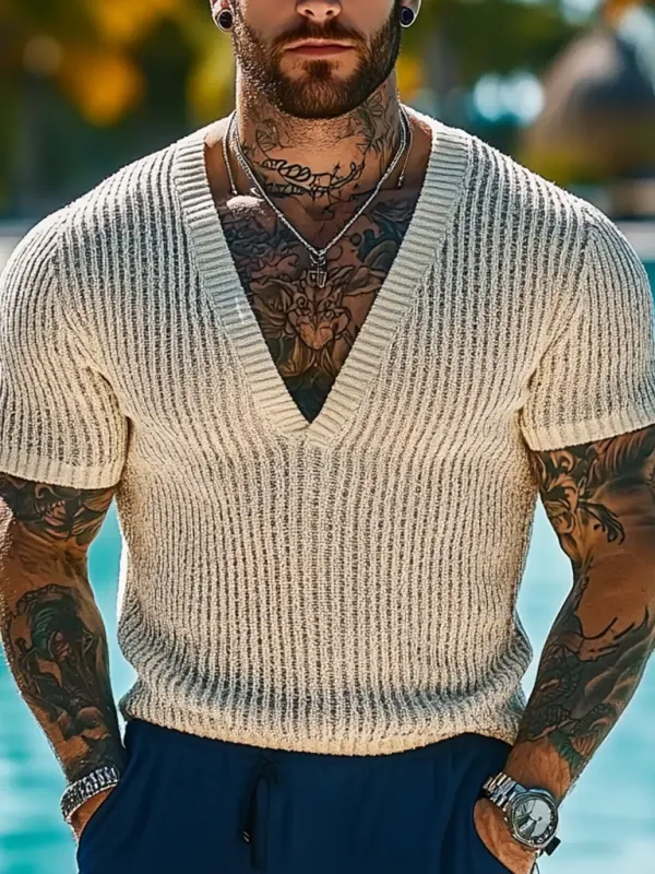 Men's Holiday Crochet Knitted V-Neck Short Sleeve Beige Sweater T-Shirt - Menbarn.com 