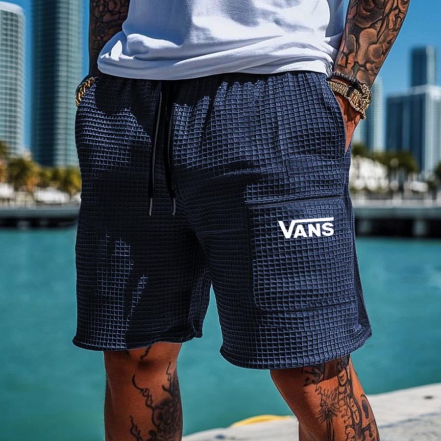 

Men's Vintage Waffle Knit Surf Patch Pocket Elastic Drawstring Navy Shorts