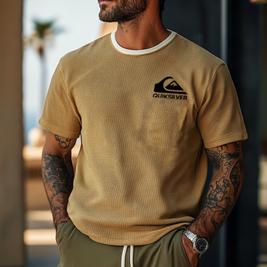 

Men's Vintage Waffle Fabric Knit Sand-colored Green Mesh T-Shirt - Perfect For Summer Outdoors
