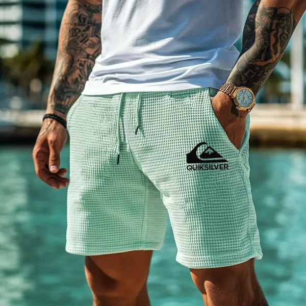 Men's Vintage Waffle Knit Surf Elastic Drawstring Shorts - Ootdyouth.com 