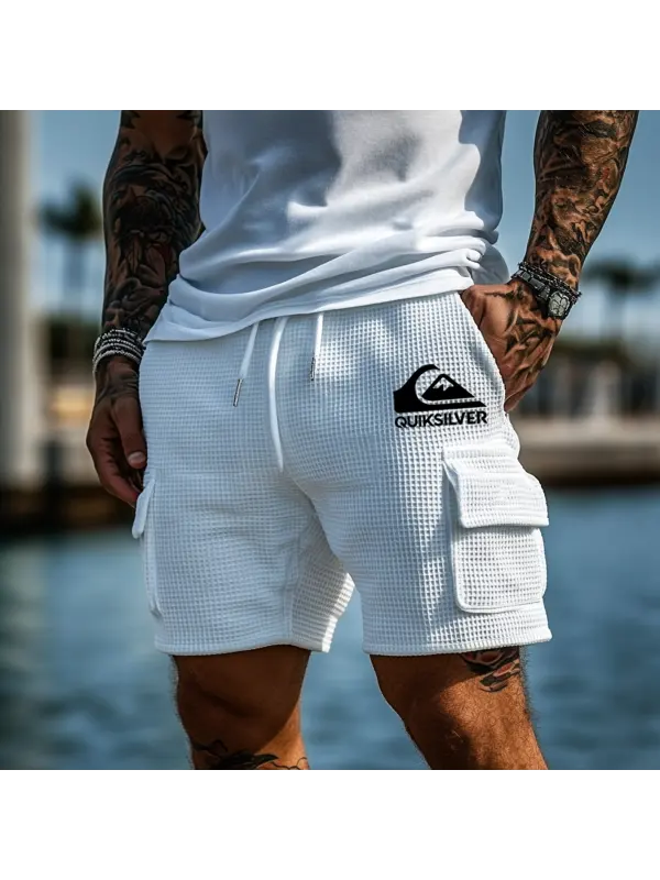 Men's Vintage Waffle Knit Multi-Pocket Casual Walkshort Workwear Elastic Cargo Shorts - Ootdmw.com 