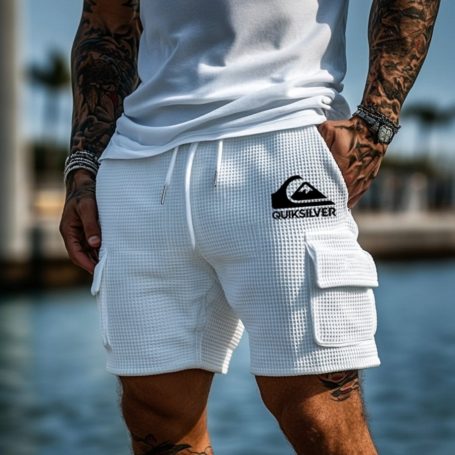 

Men's Vintage Waffle Knit Multi-Pocket Casual Walkshort Workwear Elastic Cargo Shorts