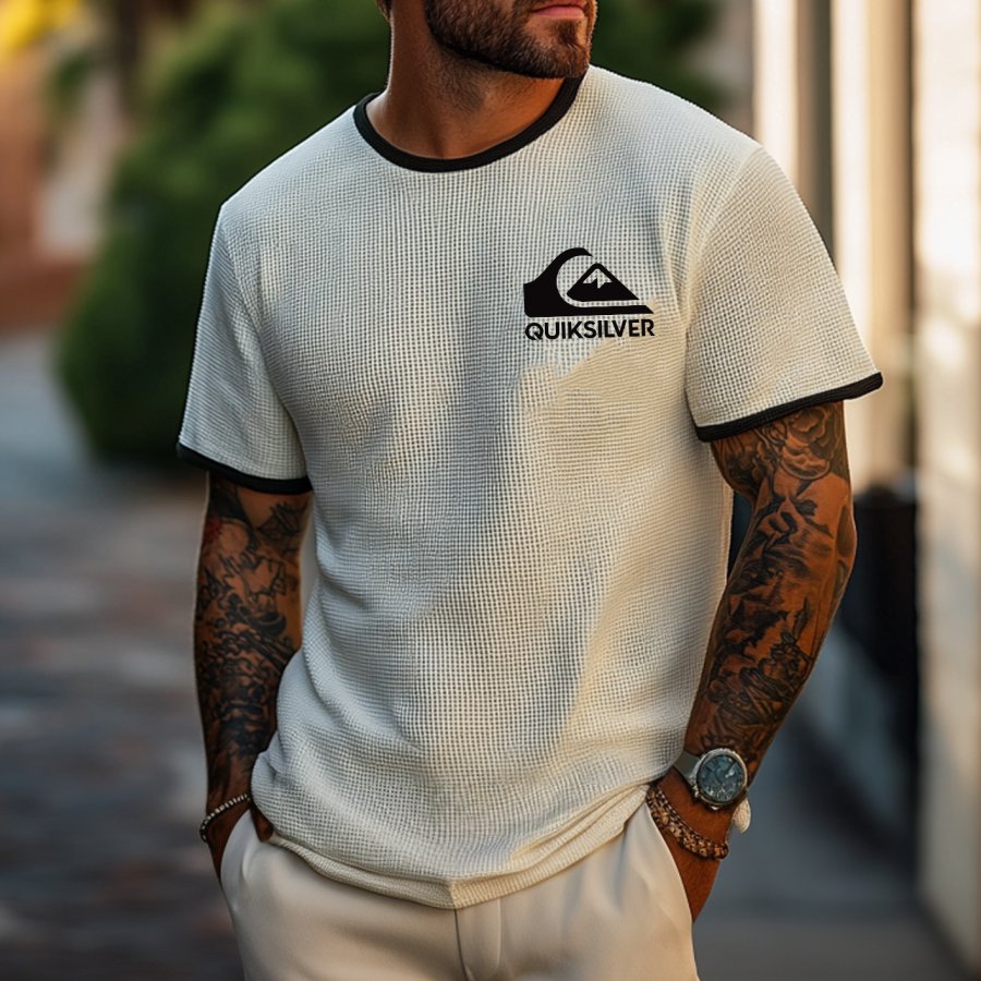 

Men's Vintage Waffle Fabric Knit Off-white Green Mesh T-Shirt - Perfect For Summer Outdoors