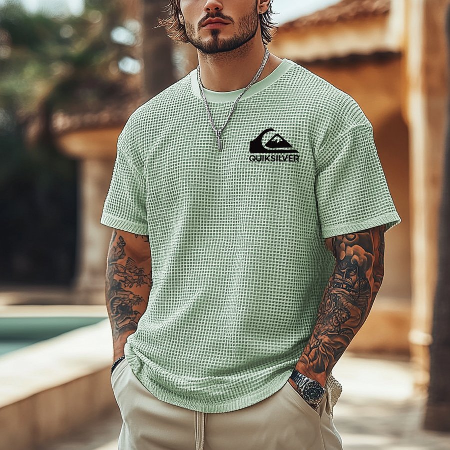

Men's Vintage Waffle Knit Surf Print Short Sleeve Crew Neck T-Shirt