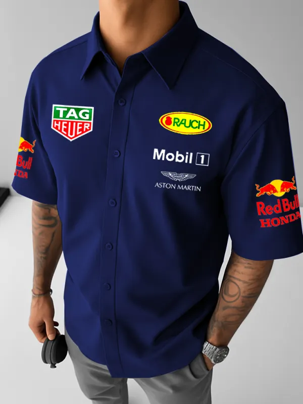 Men's Racing Casual Short Sleeve Dark Blue Shirt - Wantbright.com 