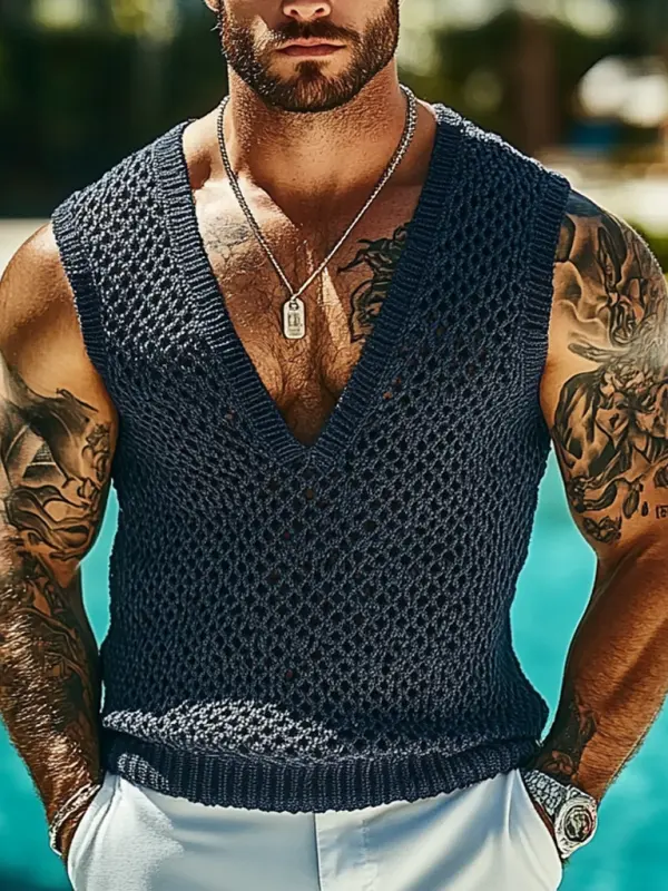 Men's Holiday Crochet Knitted V-neck Navy Sleeveless Sweater Tank Top - Menbarn.com 