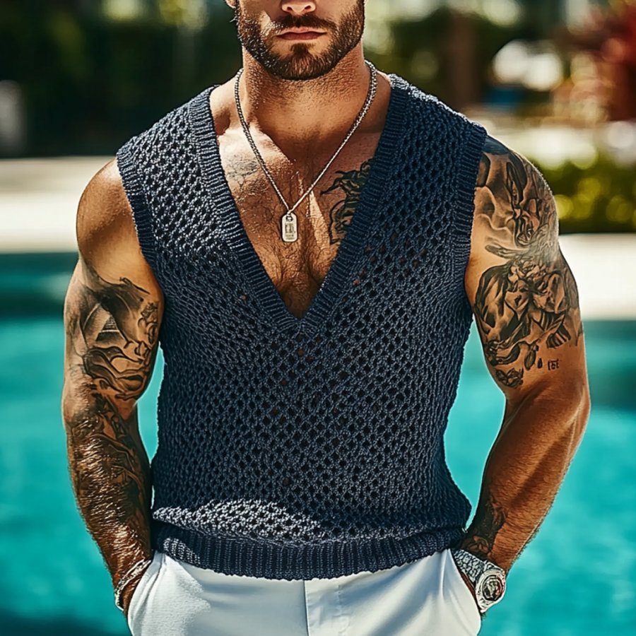 

Men's Holiday Crochet Knitted V-neck Navy Sleeveless Sweater Tank Top