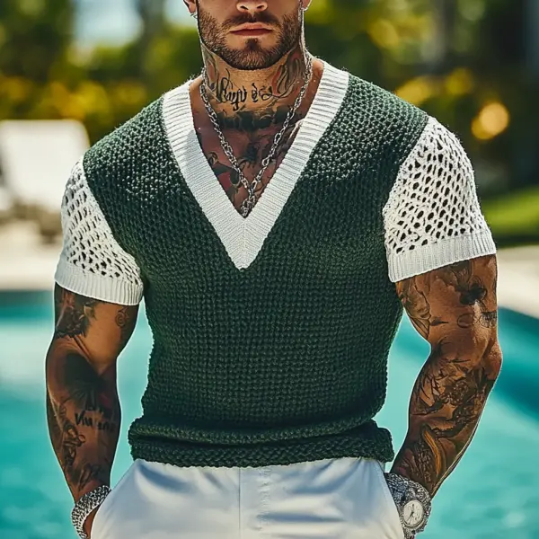 Men's Holiday Crochet Knitted V-neck Contrast Dark Green Short Sleeve Sweater T-Shirt - Menilyshop.com 
