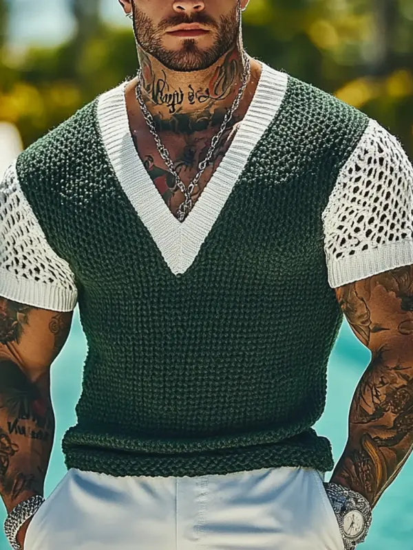 Men's Holiday Crochet Knitted V-neck Contrast Dark Green Short Sleeve Sweater T-Shirt - Menbarn.com 