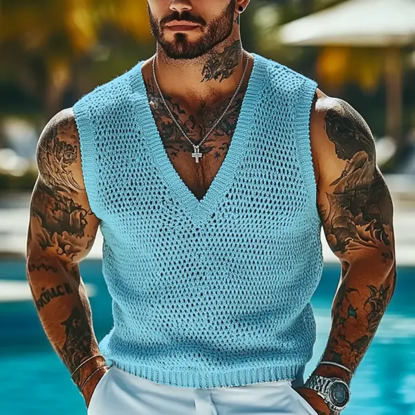 Men's Holiday Crochet Knitted V-neck Sky Blue Sleeveless Sweater Tank Top - Jumbochic.com 