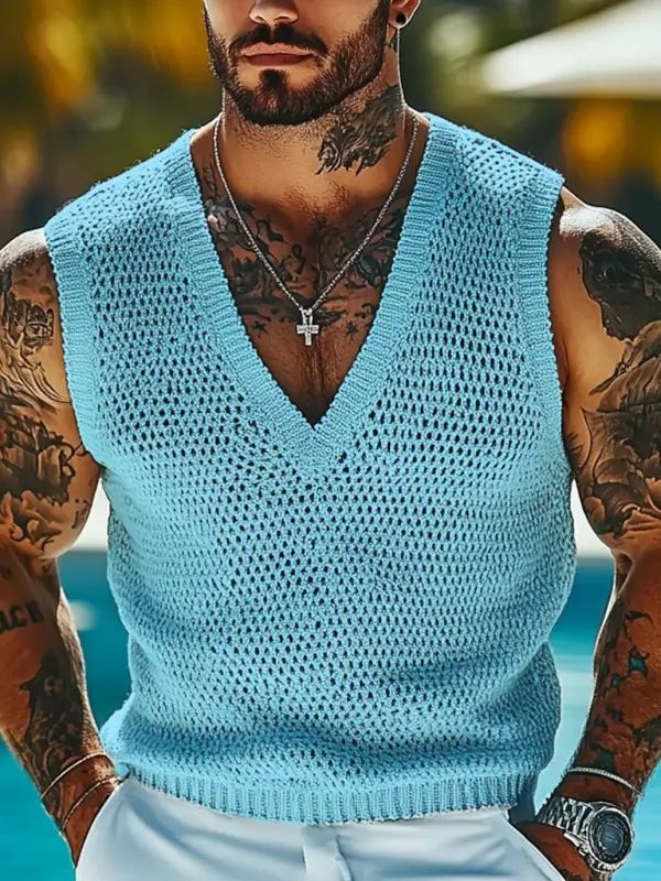 Men's Holiday Crochet Knitted V-neck Sky Blue Sleeveless Sweater Tank Top - Menbarn.com 