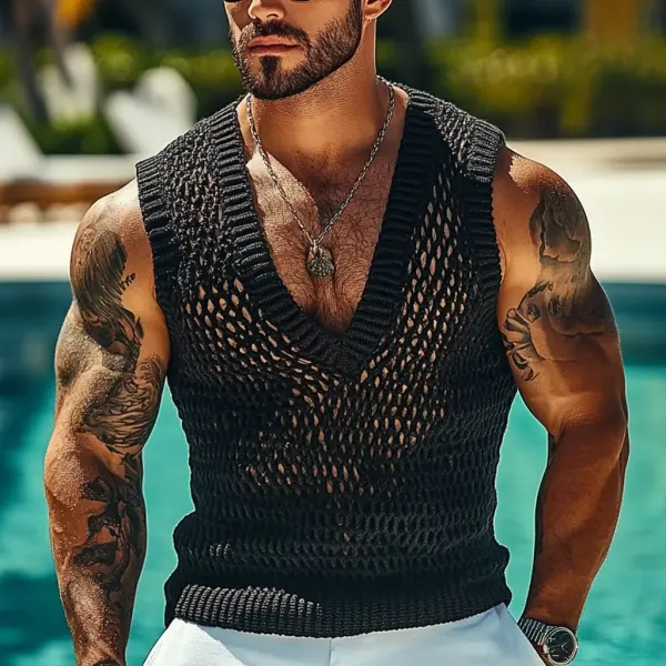 Men's Holiday Crochet Knitted V-neck Black Sleeveless Sweater Tank Top - Villagenice.com 
