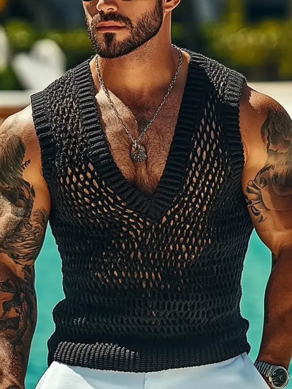 Men's Holiday Crochet Knitted V-neck Black Sleeveless Sweater Tank Top - Menbarn.com 