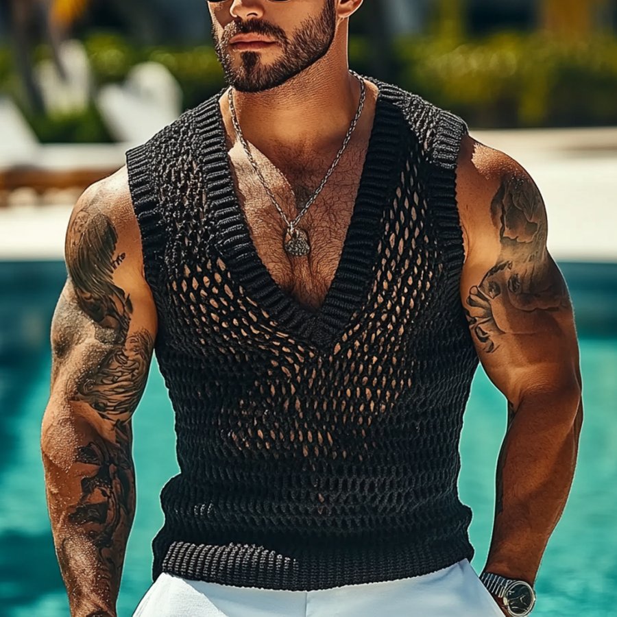 

Men's Holiday Crochet Knitted V-neck Black Sleeveless Sweater Tank Top