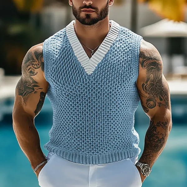 Men's Holiday Crochet Knitted V-neck Contrast Light Blue Sleeveless Sweater Tank Top - Jumbochic.com 